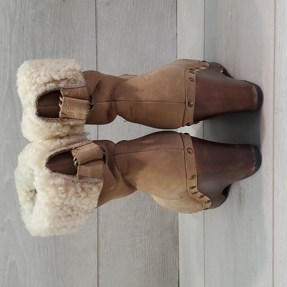 Ugg Australia Women Sheepskin Ankle Wood Wedge Boots shoes sz 7 - Picture 6 of 13